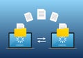 File transfer concept. Two Laptop computers with folders send and upload documents. File copy, data or information exchange design